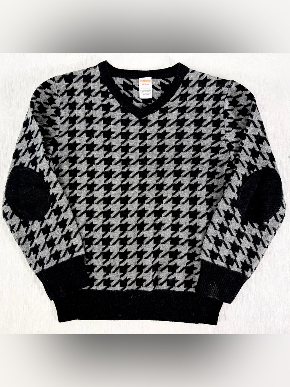 Gymboree Boys Houndstooth Pullover Knit Sweater Gray Black Elbow Patches Size S